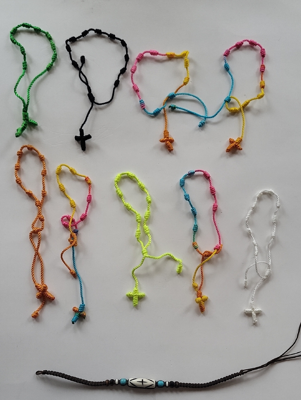Knotted Cord Rosary Cross Prayer Bracelets Lot of 10